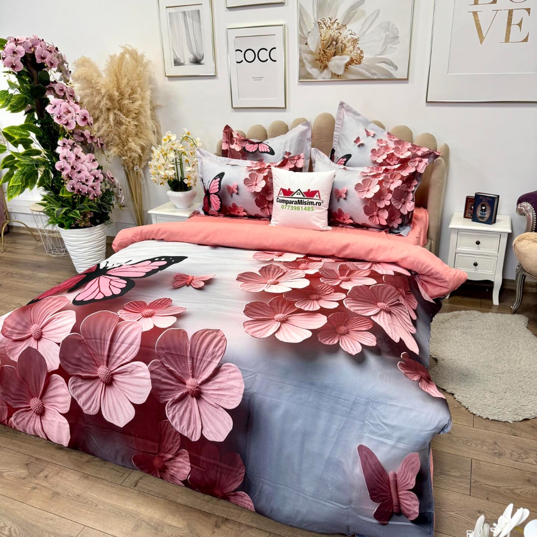 Lenjerie pat dublu, FINET, Imprimeu Digital 5D - Identic cu poza, Cu ELASTIC, 6 piese, Pucioasa, Gri, Roz, fluturi si floricele - imagine 7