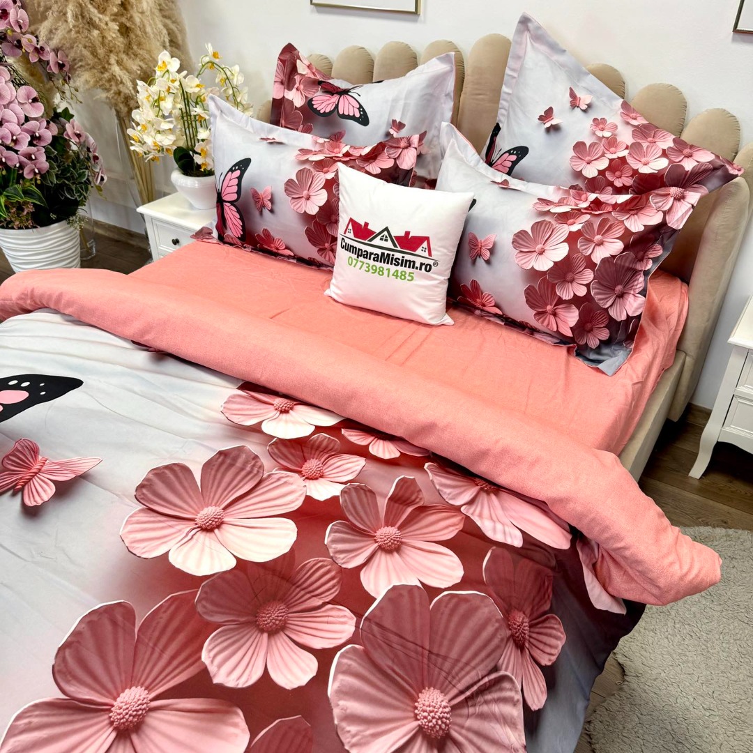 Lenjerie pat dublu, FINET, Imprimeu Digital 5D - Identic cu poza, Cu ELASTIC, 6 piese, Pucioasa, Gri, Roz, fluturi si floricele - imagine 9
