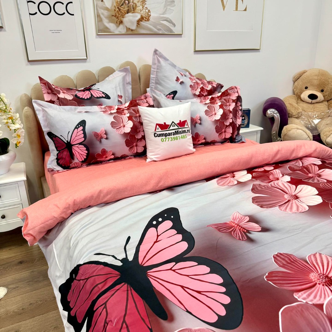 Lenjerie pat dublu, FINET, Imprimeu Digital 5D - Identic cu poza, Cu ELASTIC, 6 piese, Pucioasa, Gri, Roz, fluturi si floricele - imagine 11