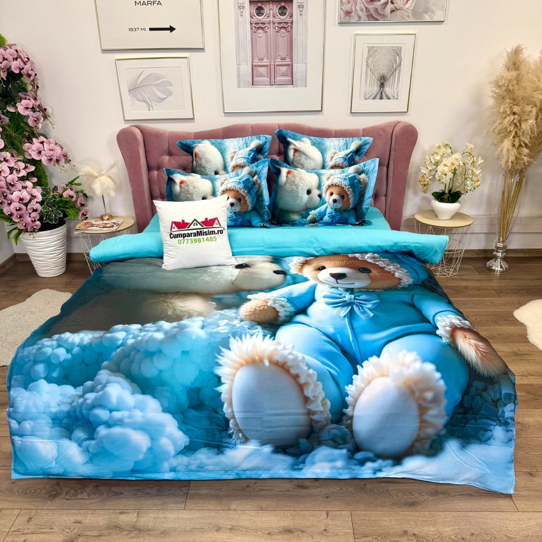 Lenjerie pat dublu, FINET, Imprimeu Digital 5D - Identic cu poza, Cu ELASTIC, 6 piese, Pucioasa, Bleu, ursuleti - imagine 5