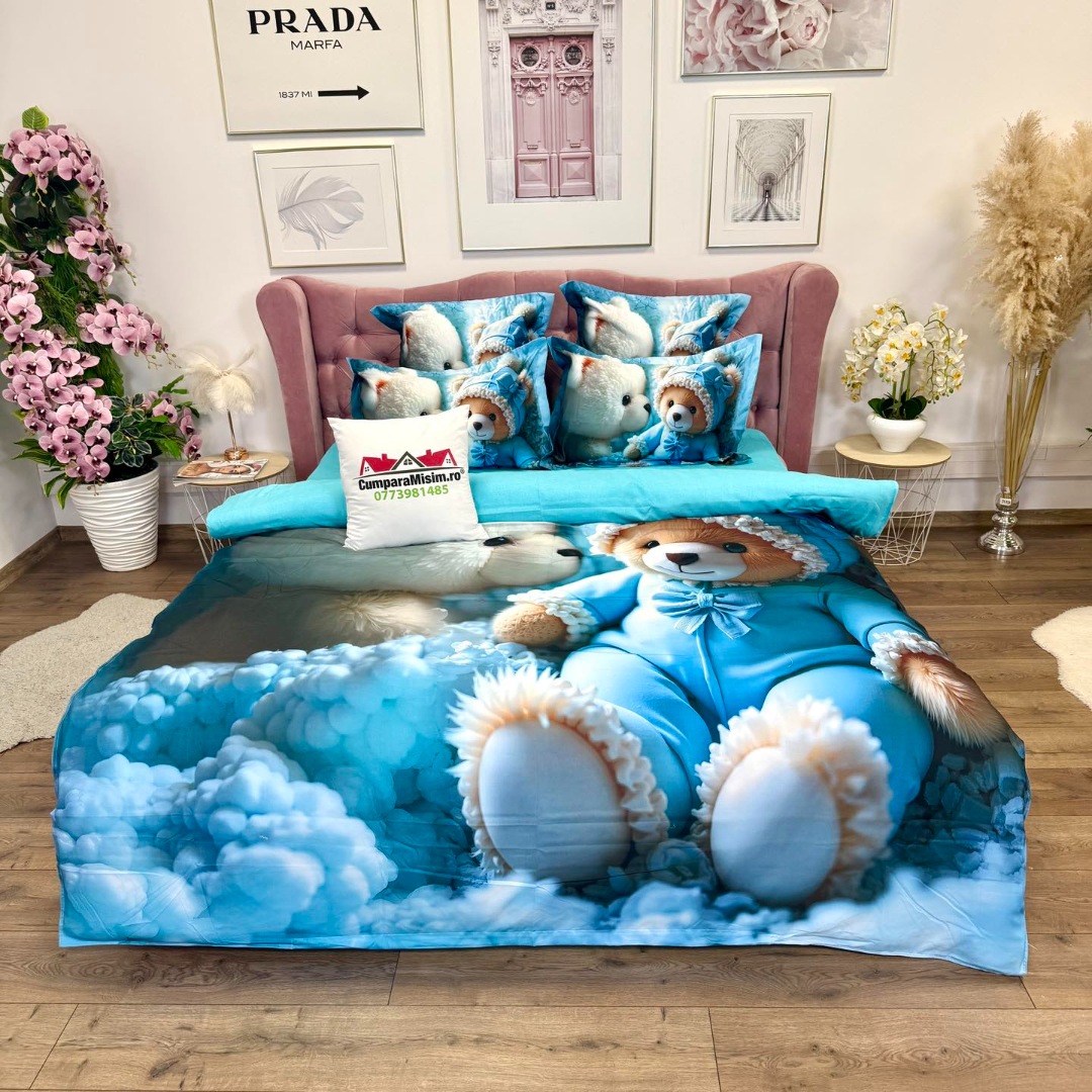 Lenjerie pat dublu, FINET, Imprimeu Digital 5D - Identic cu poza, Cu ELASTIC, 6 piese, Pucioasa, Bleu, ursuleti - imagine 6