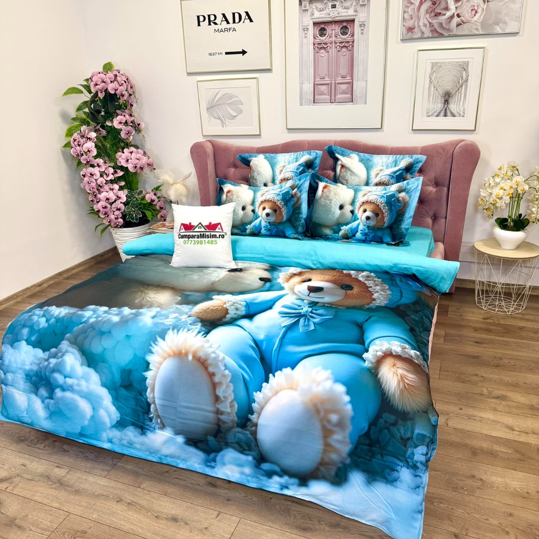 Lenjerie pat dublu, FINET, Imprimeu Digital 5D - Identic cu poza, Cu ELASTIC, 6 piese, Pucioasa, Bleu, ursuleti - imagine 7