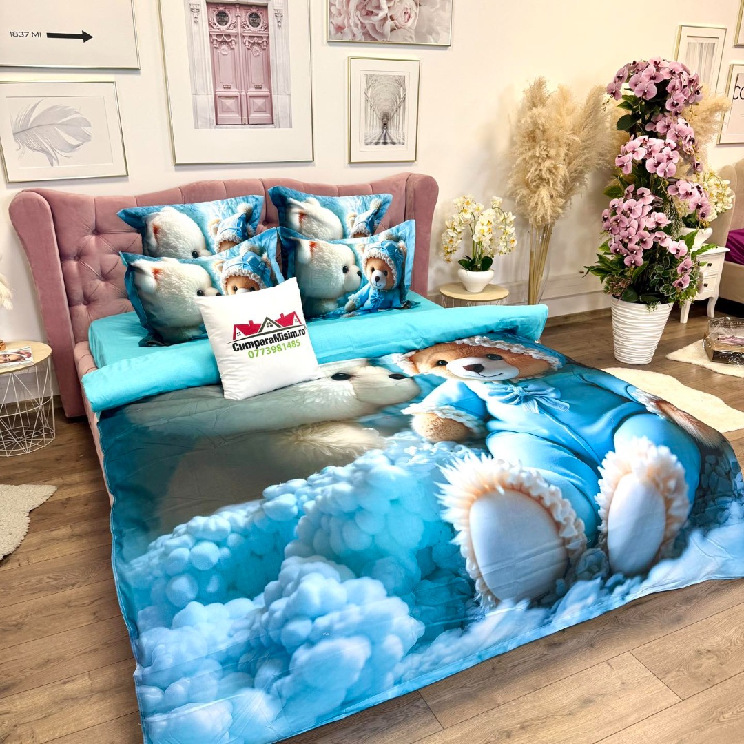 Lenjerie pat dublu, FINET, Imprimeu Digital 5D - Identic cu poza, Cu ELASTIC, 6 piese, Pucioasa, Bleu, ursuleti - imagine 10