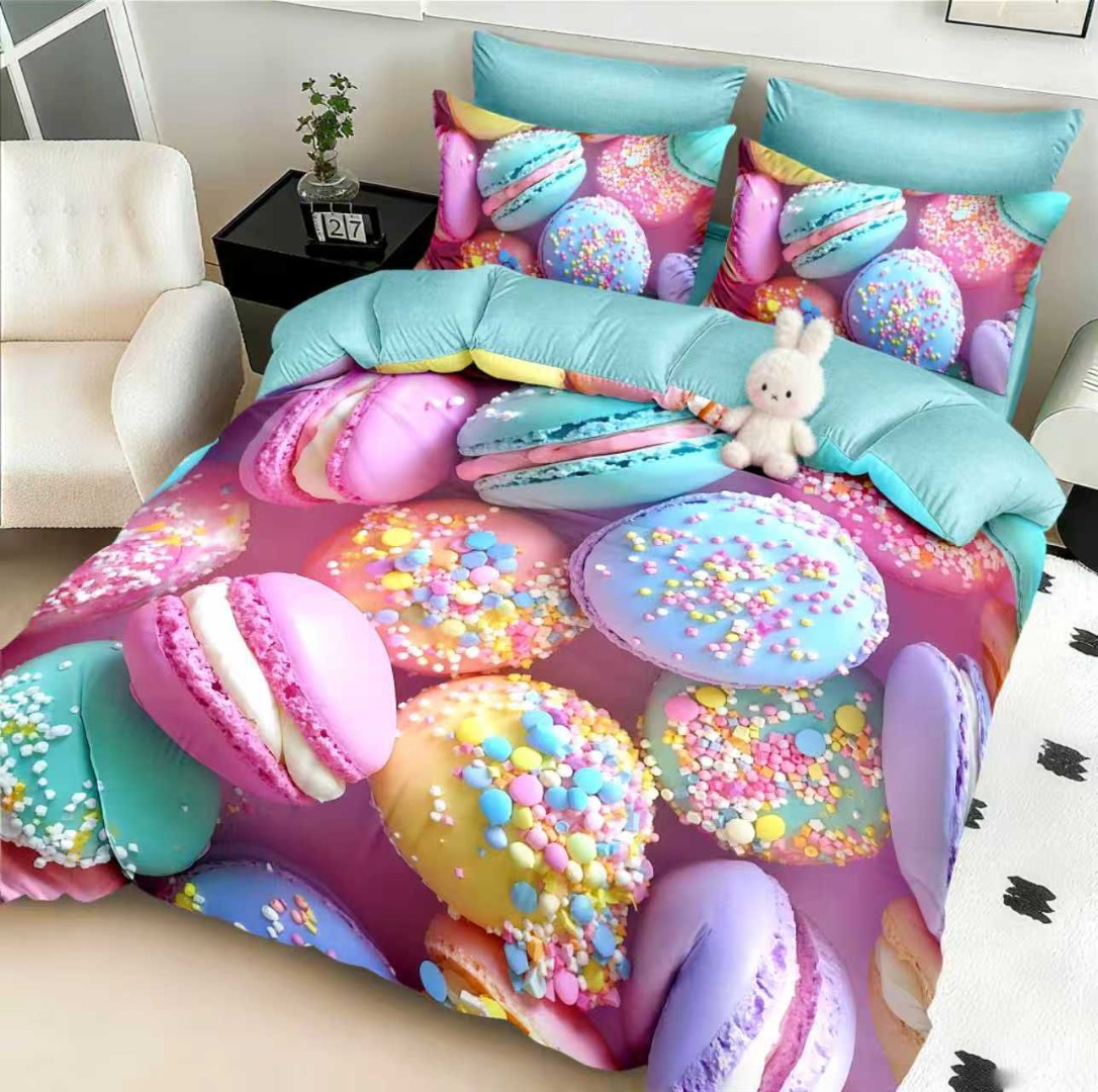 Lenjerie pat dublu, FINET, Imprimeu Digital 5D - Identic cu poza, Cu ELASTIC, 6 piese, Pucioasa, Roz, Bleu macarons - imagine 2