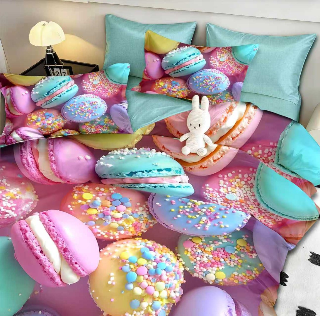 Lenjerie pat dublu, FINET, Imprimeu Digital 5D - Identic cu poza, Cu ELASTIC, 6 piese, Pucioasa, Roz, Bleu macarons - imagine 3