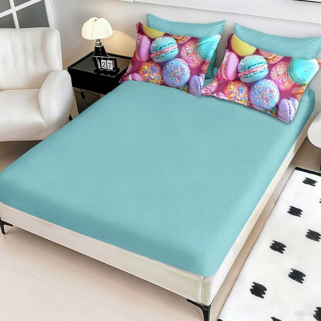Lenjerie pat dublu, FINET, Imprimeu Digital 5D - Identic cu poza, Cu ELASTIC, 6 piese, Pucioasa, Roz, Bleu macarons - imagine 4