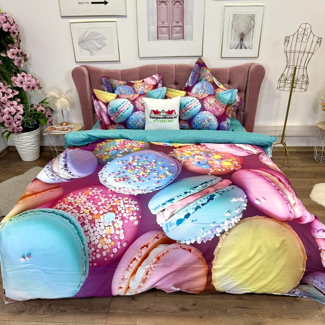 Lenjerie pat dublu, FINET, Imprimeu Digital 5D - Identic cu poza, Cu ELASTIC, 6 piese, Pucioasa, Roz, Bleu macarons - imagine 5