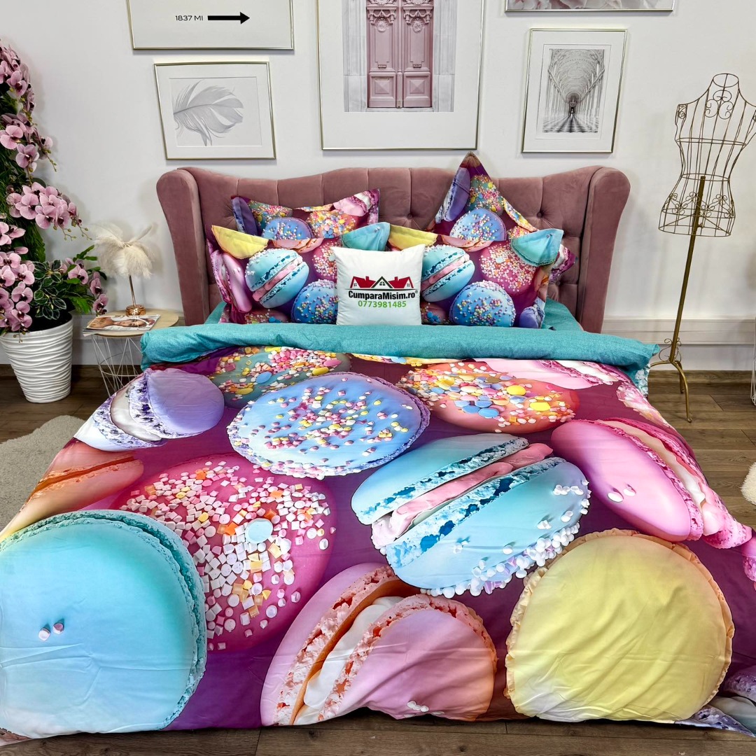 Lenjerie pat dublu, FINET, Imprimeu Digital 5D - Identic cu poza, Cu ELASTIC, 6 piese, Pucioasa, Roz, Bleu macarons - imagine 6