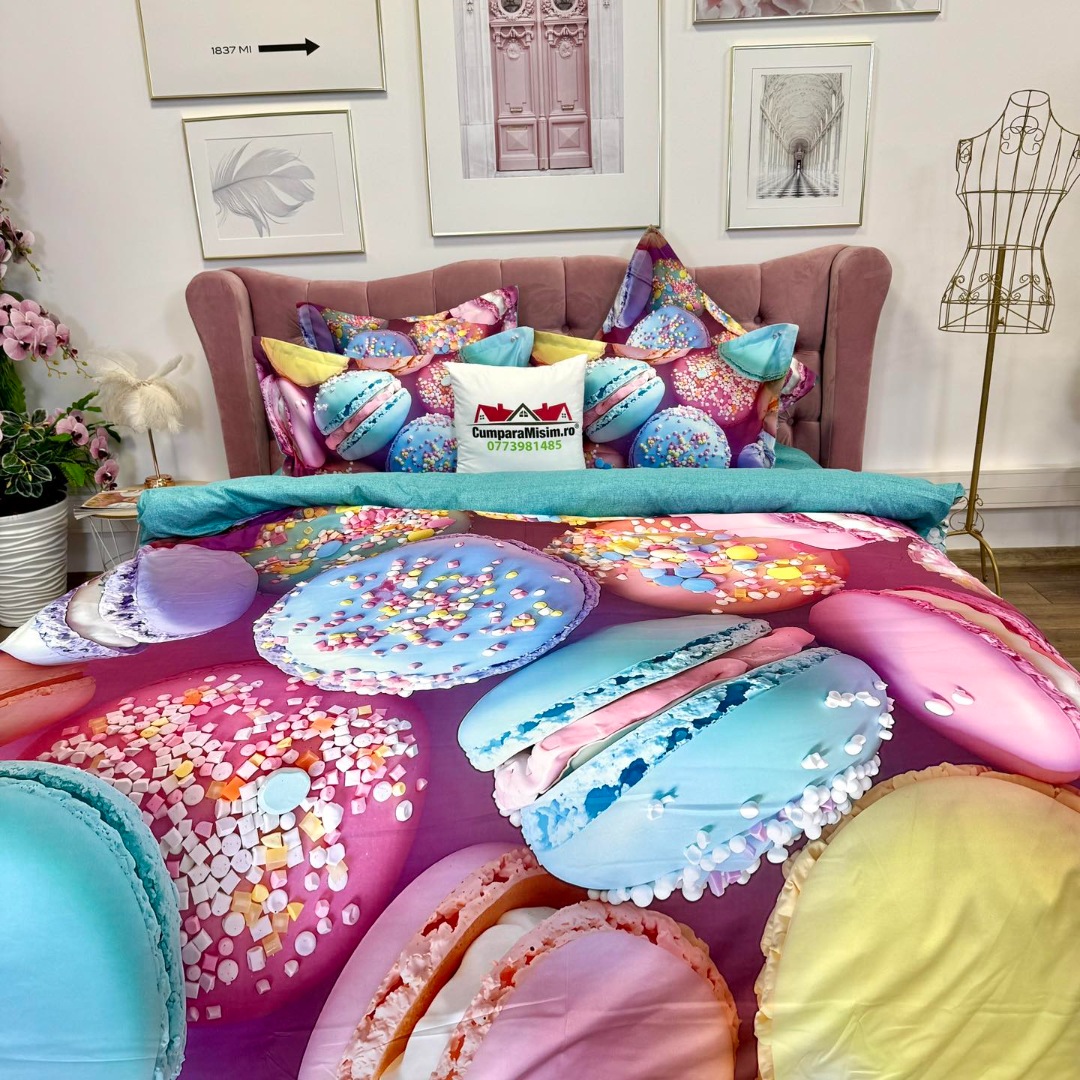 Lenjerie pat dublu, FINET, Imprimeu Digital 5D - Identic cu poza, Cu ELASTIC, 6 piese, Pucioasa, Roz, Bleu macarons - imagine 7
