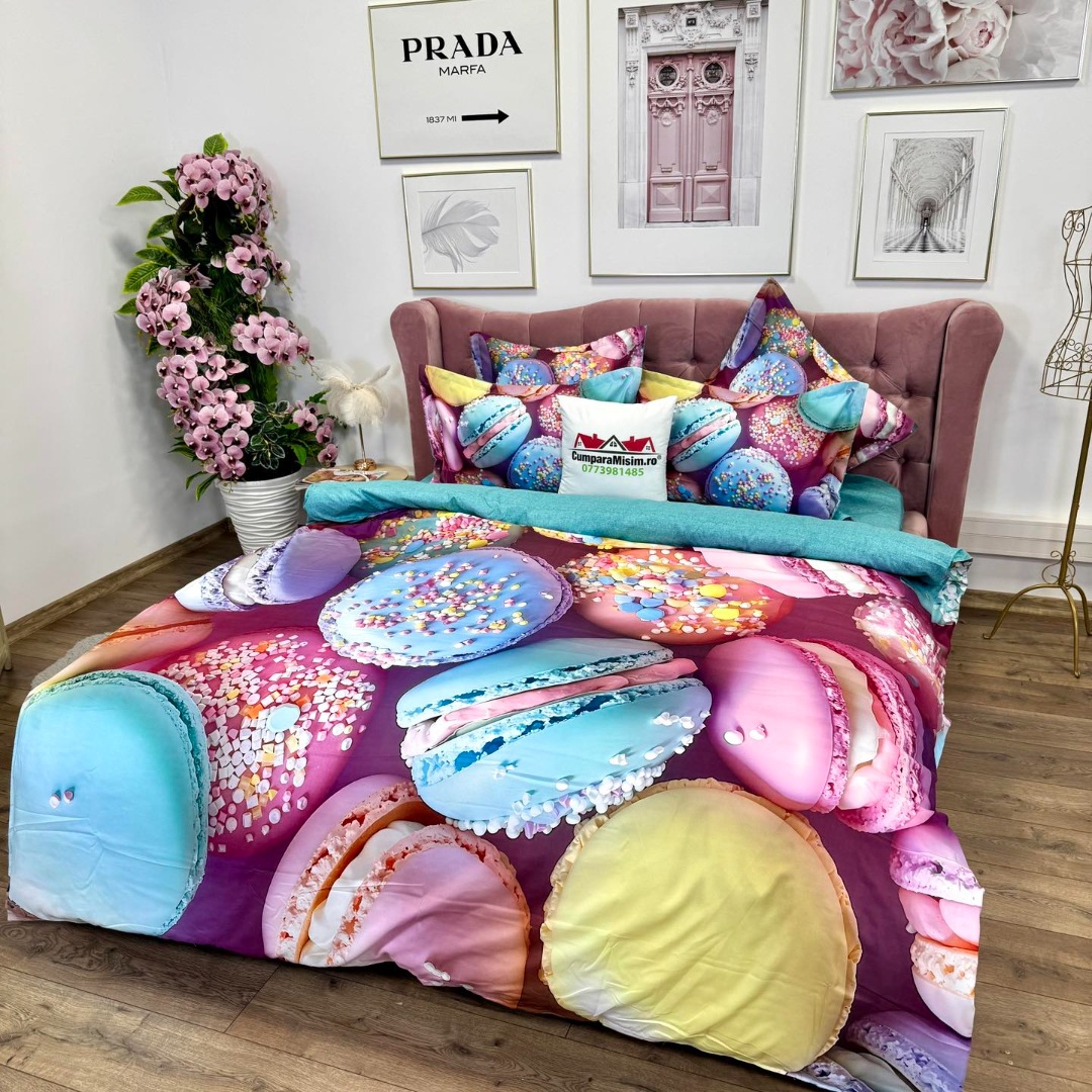 Lenjerie pat dublu, FINET, Imprimeu Digital 5D - Identic cu poza, Cu ELASTIC, 6 piese, Pucioasa, Roz, Bleu macarons - imagine 8