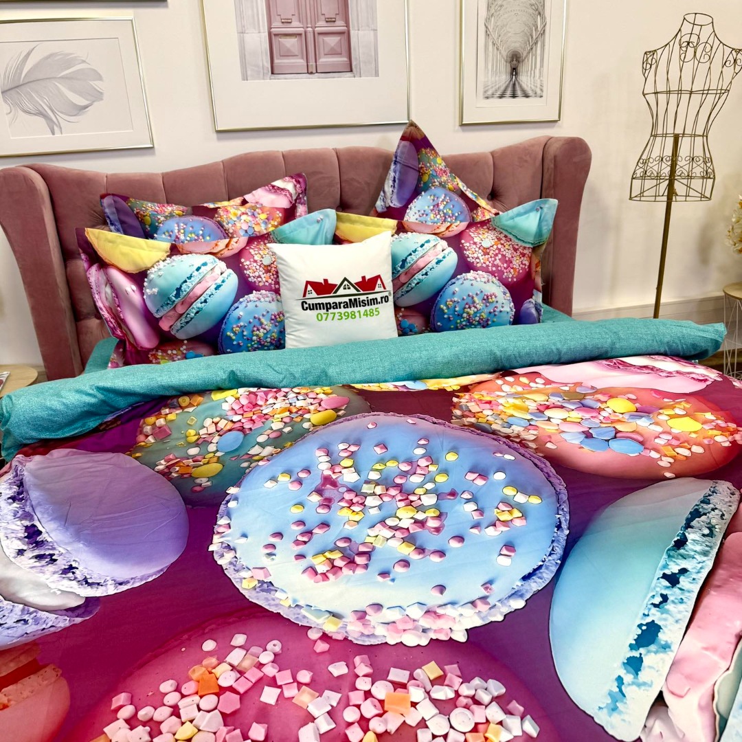 Lenjerie pat dublu, FINET, Imprimeu Digital 5D - Identic cu poza, Cu ELASTIC, 6 piese, Pucioasa, Roz, Bleu macarons - imagine 10