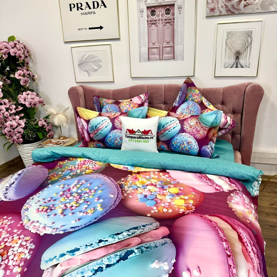 Lenjerie pat dublu, FINET, Imprimeu Digital 5D - Identic cu poza, Cu ELASTIC, 6 piese, Pucioasa, Roz, Bleu macarons - imagine 14