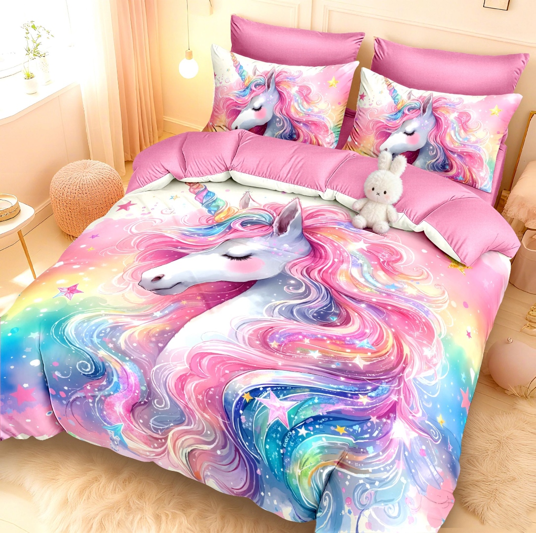 Lenjerie pat dublu, FINET, Imprimeu Digital 5D - Identic cu poza, Cu ELASTIC, 6 piese, Pucioasa, Roz, unicorn - imagine 2