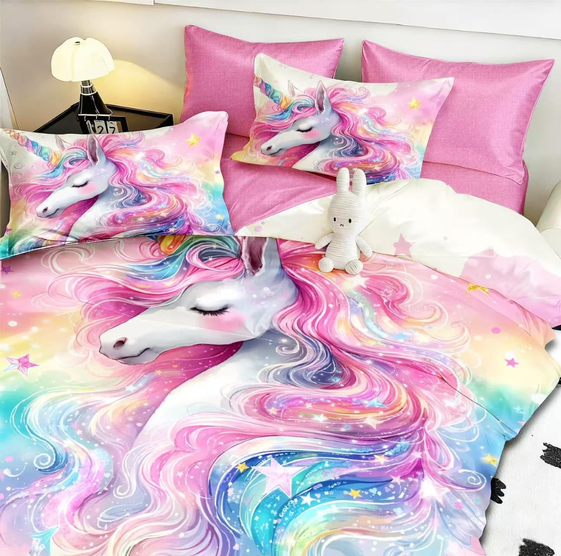 Lenjerie pat dublu, FINET, Imprimeu Digital 5D - Identic cu poza, Cu ELASTIC, 6 piese, Pucioasa, Roz, unicorn - imagine 3