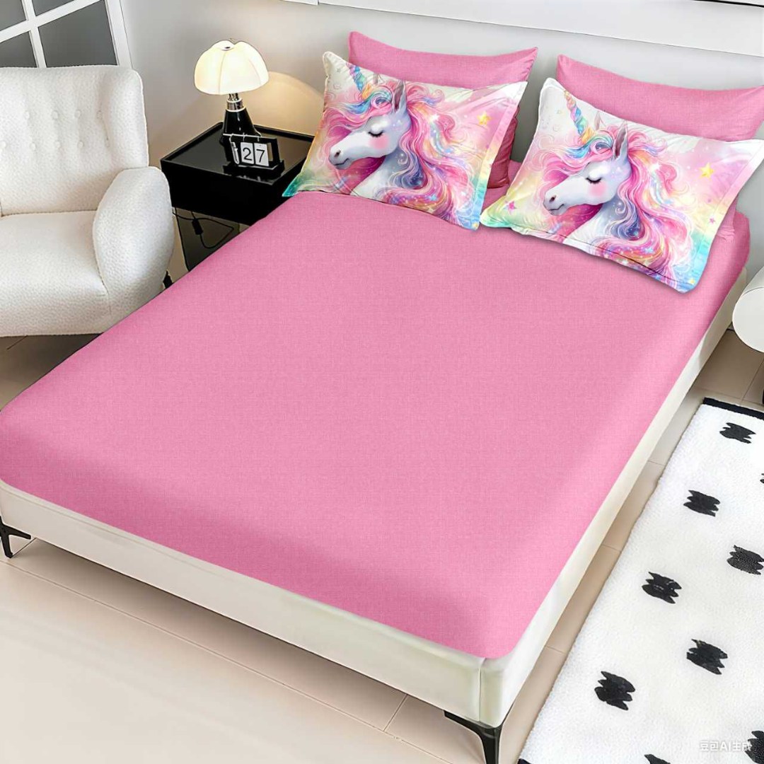 Lenjerie pat dublu, FINET, Imprimeu Digital 5D - Identic cu poza, Cu ELASTIC, 6 piese, Pucioasa, Roz, unicorn - imagine 4