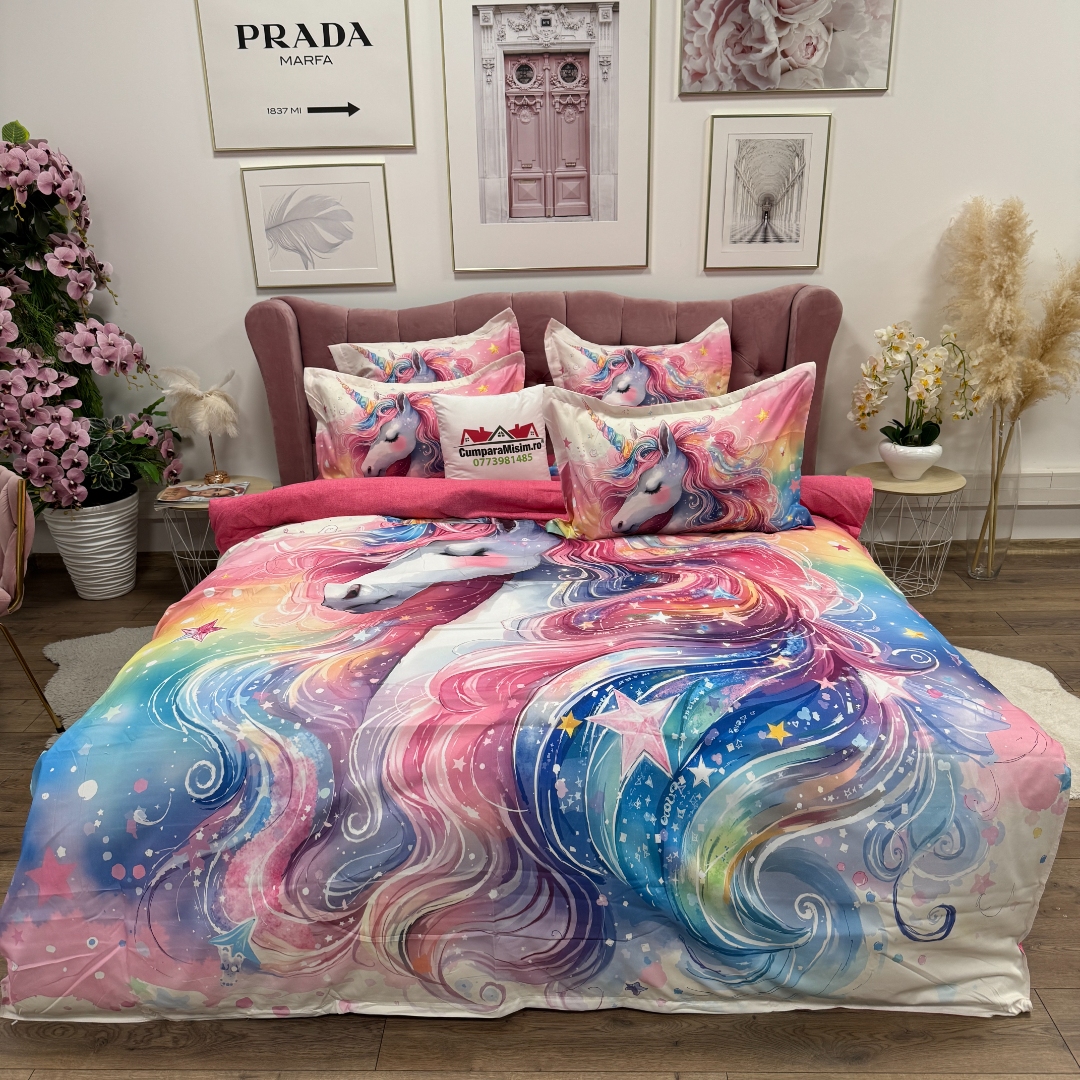 Lenjerie pat dublu, FINET, Imprimeu Digital 5D - Identic cu poza, Cu ELASTIC, 6 piese, Pucioasa, Roz, unicorn - imagine 5