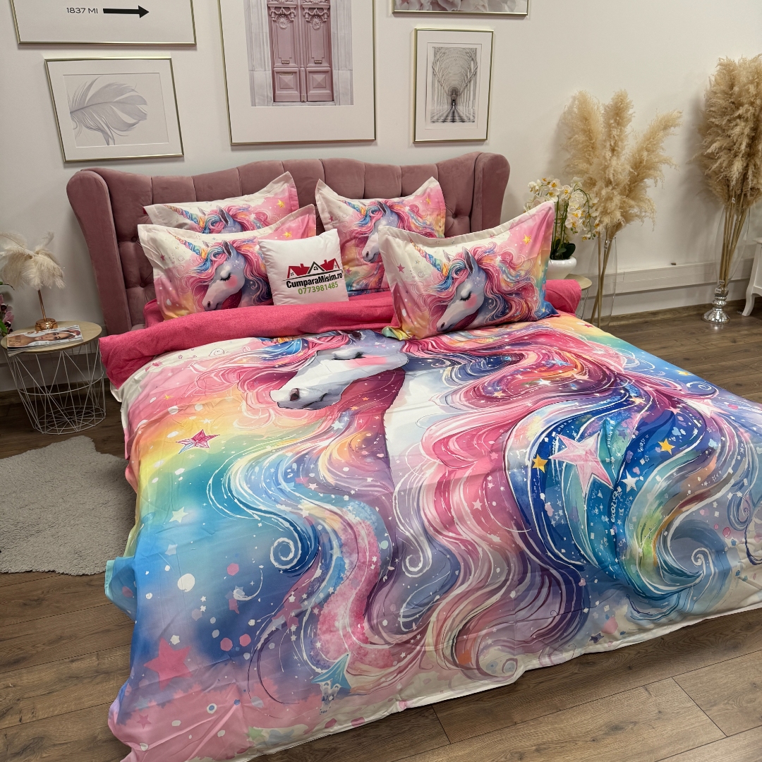 Lenjerie pat dublu, FINET, Imprimeu Digital 5D - Identic cu poza, Cu ELASTIC, 6 piese, Pucioasa, Roz, unicorn - imagine 6