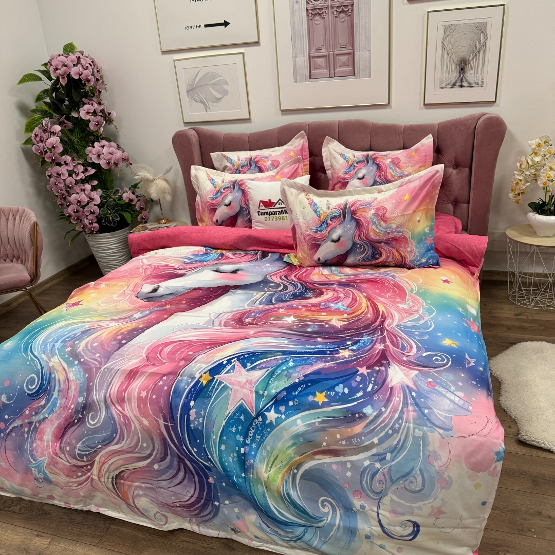 Lenjerie pat dublu, FINET, Imprimeu Digital 5D - Identic cu poza, Cu ELASTIC, 6 piese, Pucioasa, Roz, unicorn - imagine 7