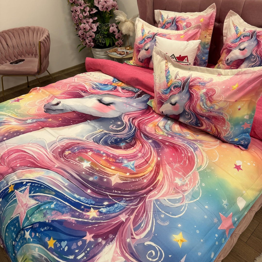 Lenjerie pat dublu, FINET, Imprimeu Digital 5D - Identic cu poza, Cu ELASTIC, 6 piese, Pucioasa, Roz, unicorn - imagine 11