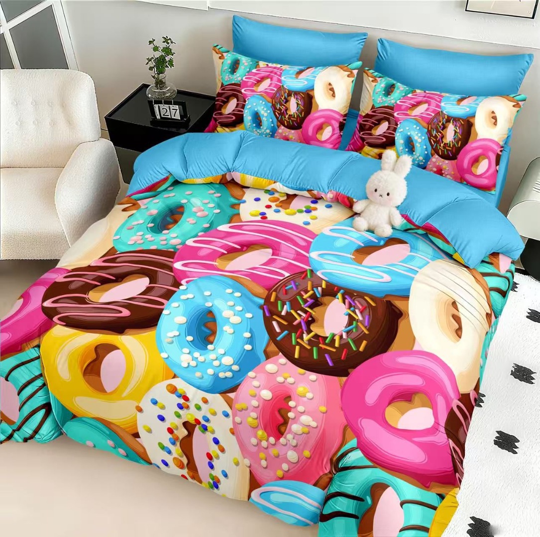 Lenjerie pat dublu, FINET, Imprimeu Digital 5D - Identic cu poza, Cu ELASTIC, 6 piese, Pucioasa, Multicolor, gogosi - imagine 2