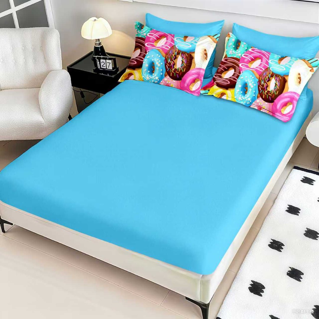 Lenjerie pat dublu, FINET, Imprimeu Digital 5D - Identic cu poza, Cu ELASTIC, 6 piese, Pucioasa, Multicolor, gogosi - imagine 4
