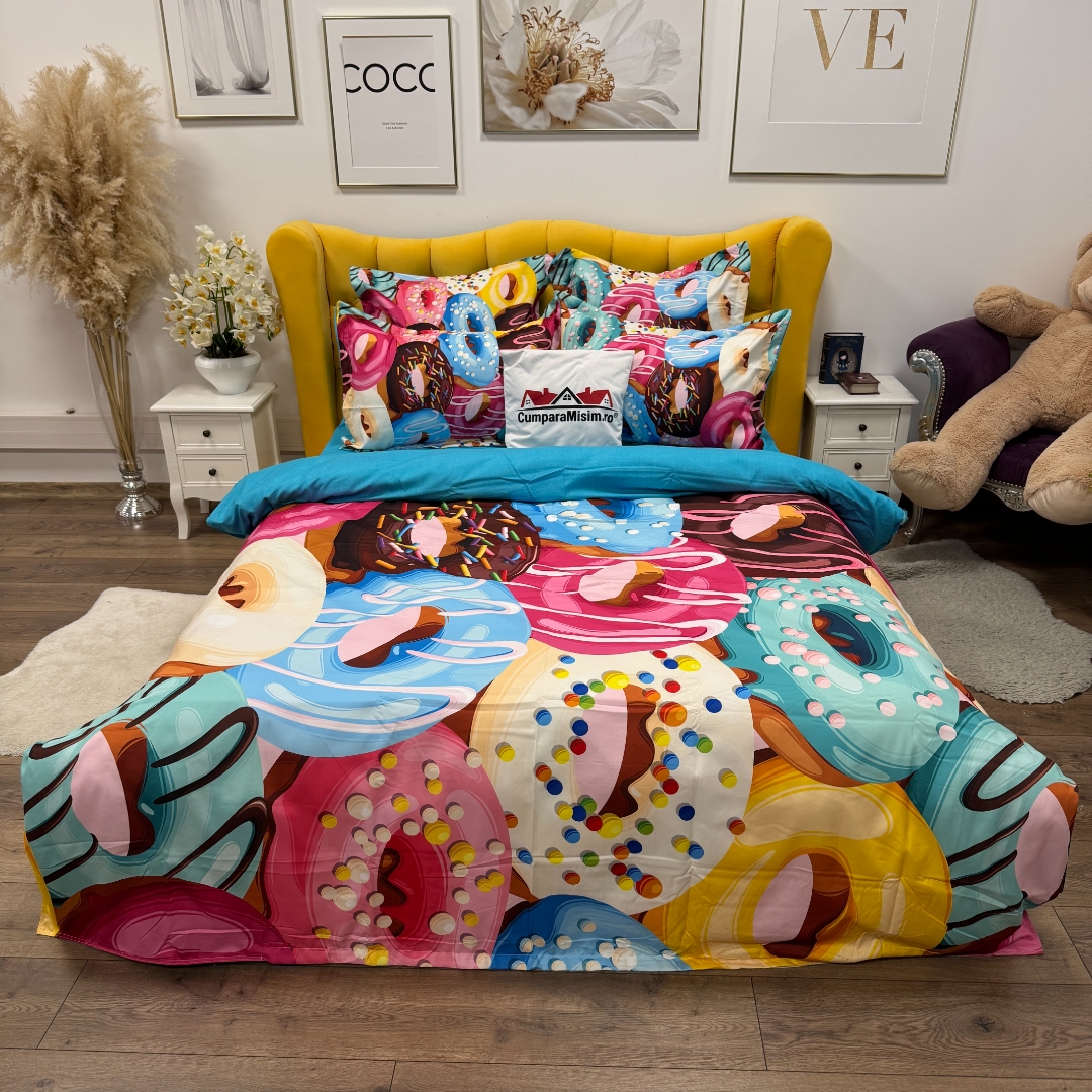 Lenjerie pat dublu, FINET, Imprimeu Digital 5D - Identic cu poza, Cu ELASTIC, 6 piese, Pucioasa, Multicolor, gogosi - imagine 5