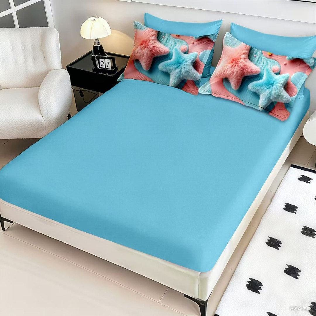 Lenjerie pat dublu, FINET, Imprimeu Digital 5D - Identic cu poza, Cu ELASTIC, 6 piese, Pucioasa, Roz, Bleu stelute pufoase - imagine 4