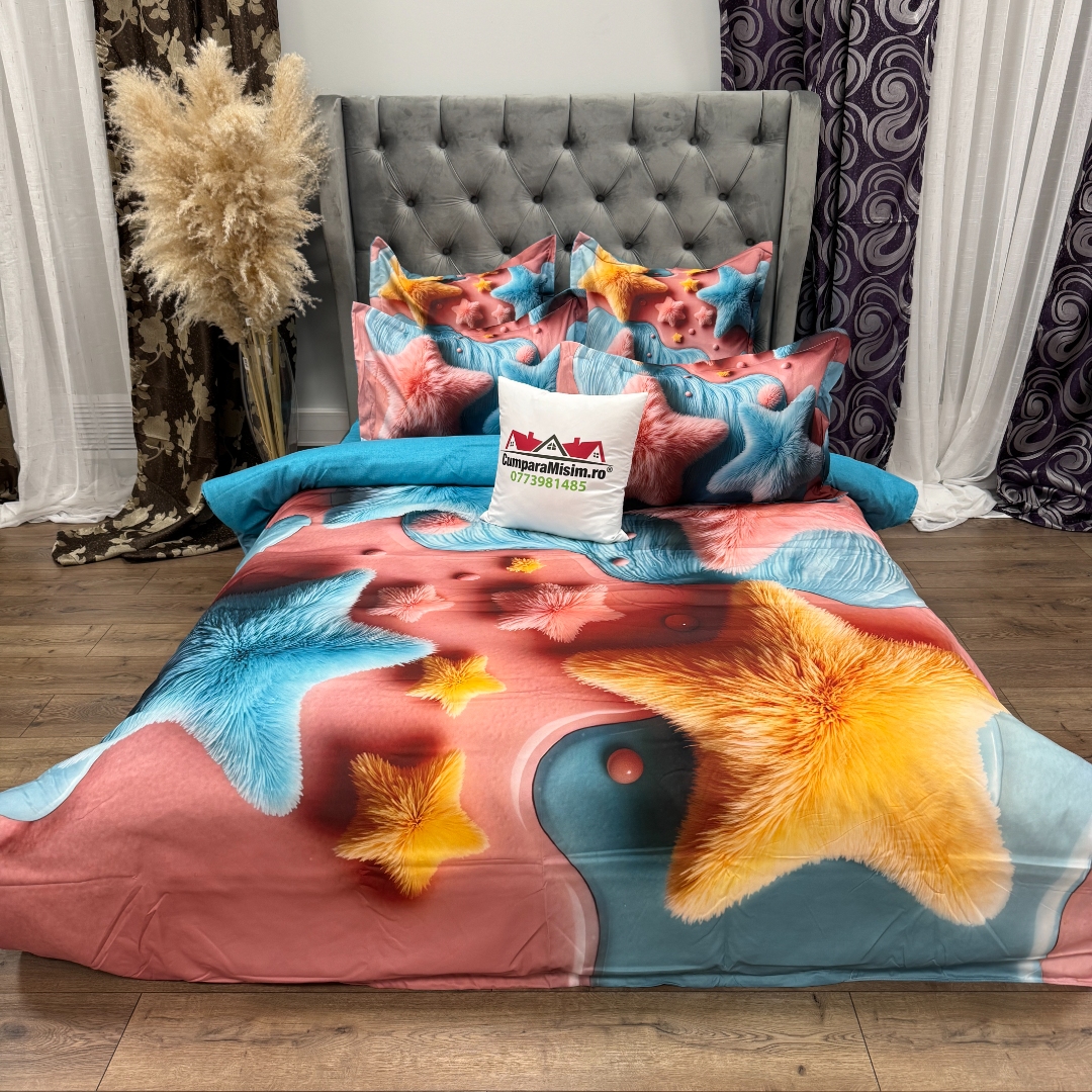 Lenjerie pat dublu, FINET, Imprimeu Digital 5D - Identic cu poza, Cu ELASTIC, 6 piese, Pucioasa, Roz, Bleu stelute pufoase - imagine 5