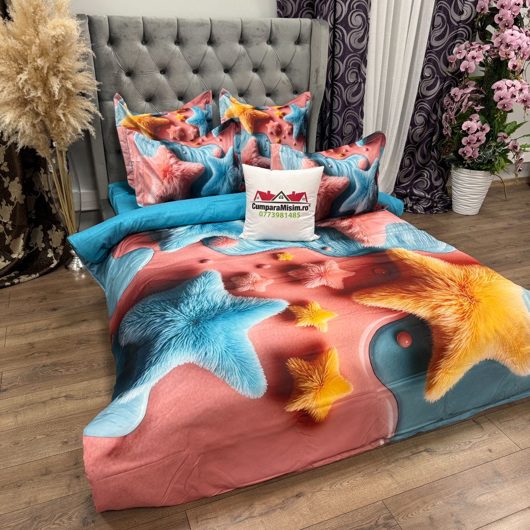 Lenjerie pat dublu, FINET, Imprimeu Digital 5D - Identic cu poza, Cu ELASTIC, 6 piese, Pucioasa, Roz, Bleu stelute pufoase - imagine 6