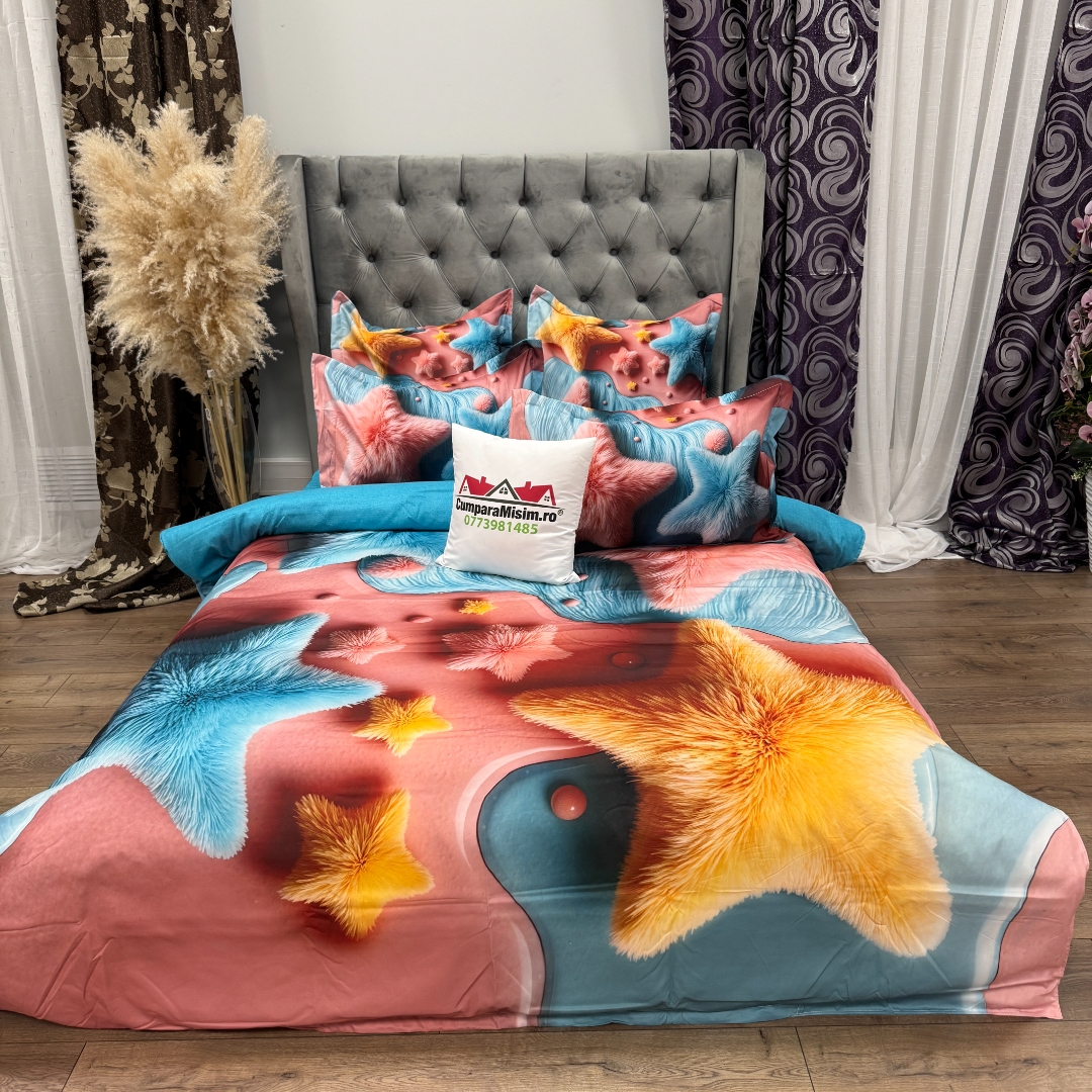Lenjerie pat dublu, FINET, Imprimeu Digital 5D - Identic cu poza, Cu ELASTIC, 6 piese, Pucioasa, Roz, Bleu stelute pufoase - imagine 12