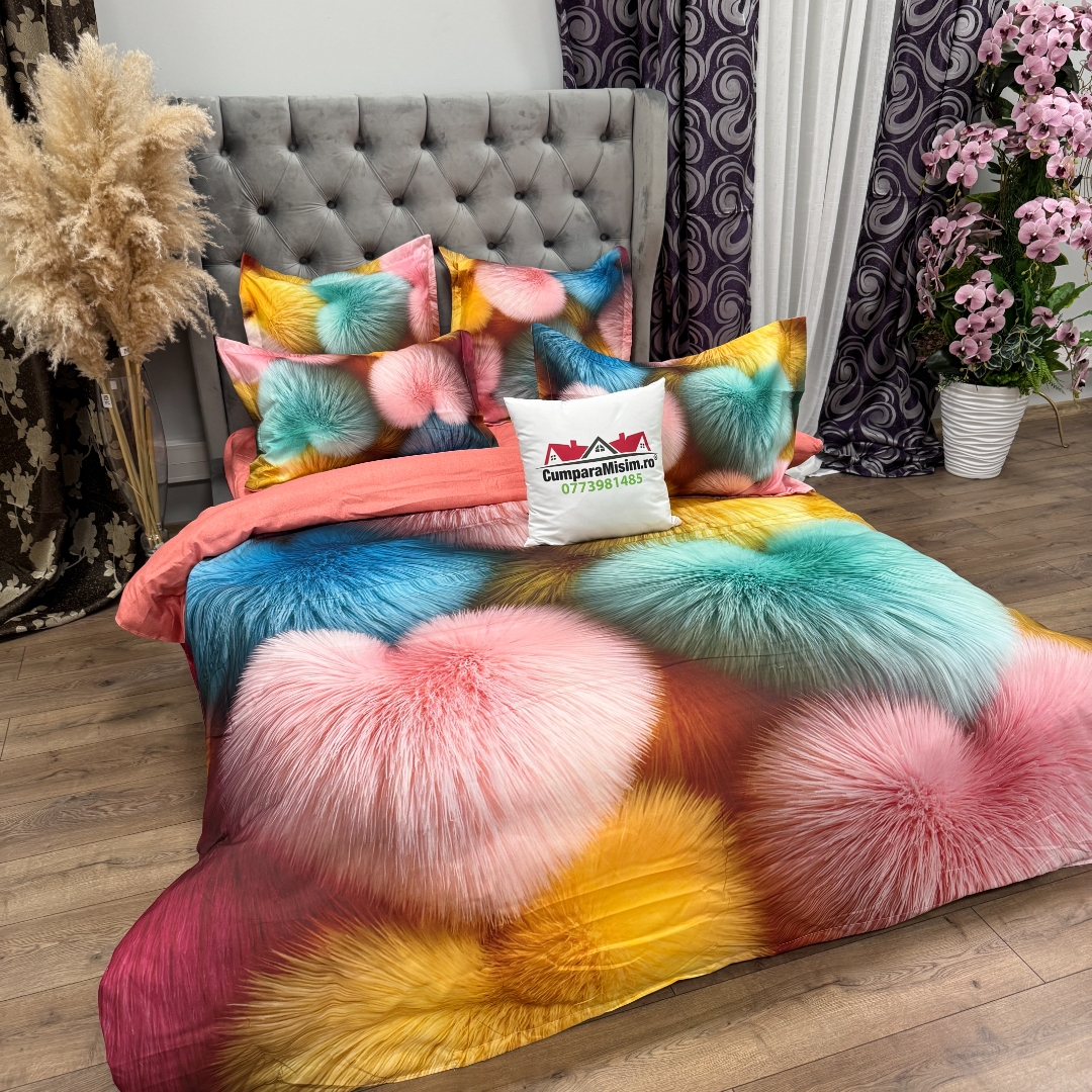 Lenjerie pat dublu, FINET, Imprimeu Digital 5D - Identic cu poza, Cu ELASTIC, 6 piese, Pucioasa, Multicolor, inimioare pufoase - imagine 6