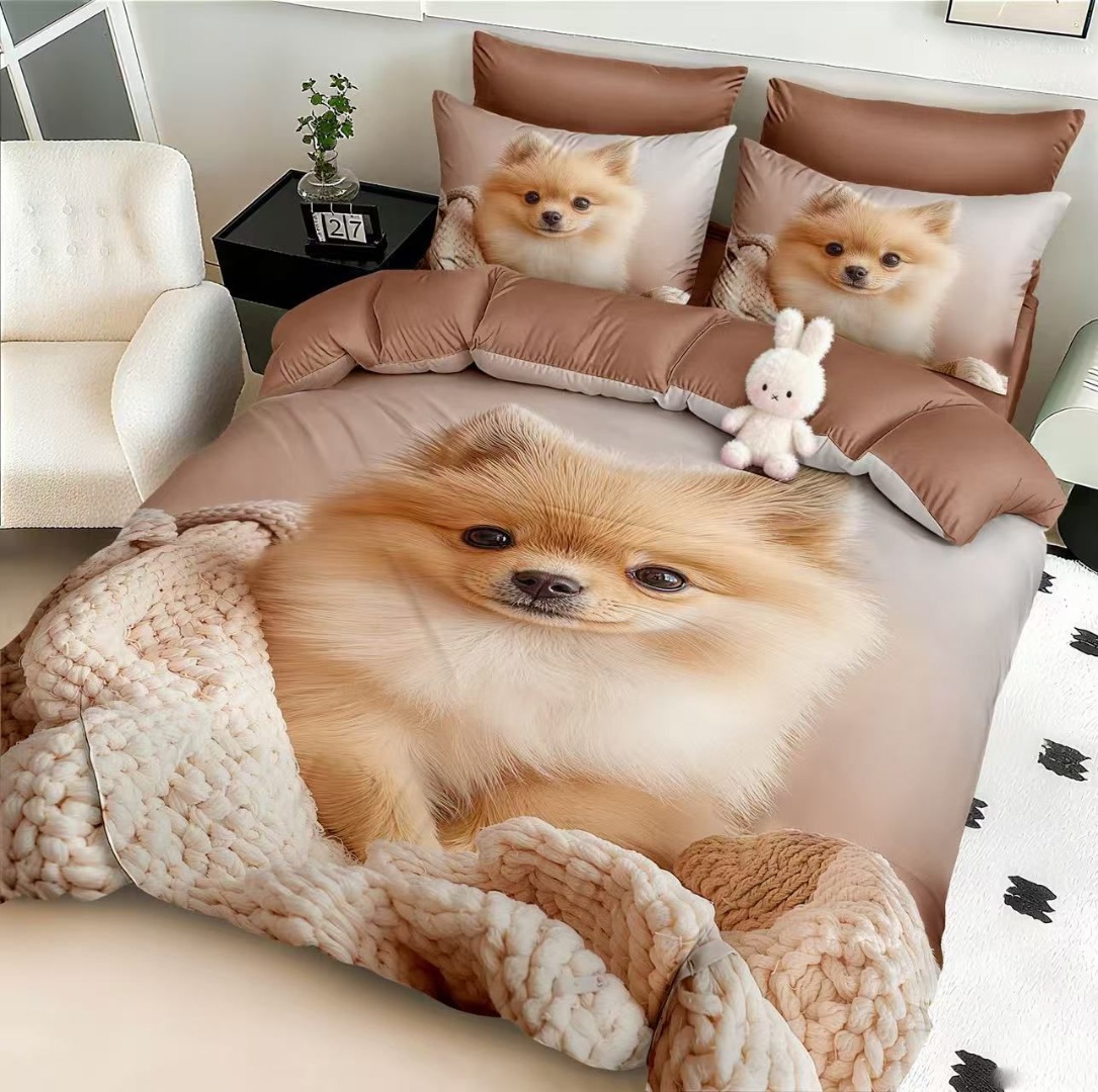 Lenjerie pat dublu, FINET, Imprimeu Digital 5D - Identic cu poza, Cu ELASTIC, 6 piese, Pucioasa, Crem, pomeranian - imagine 2