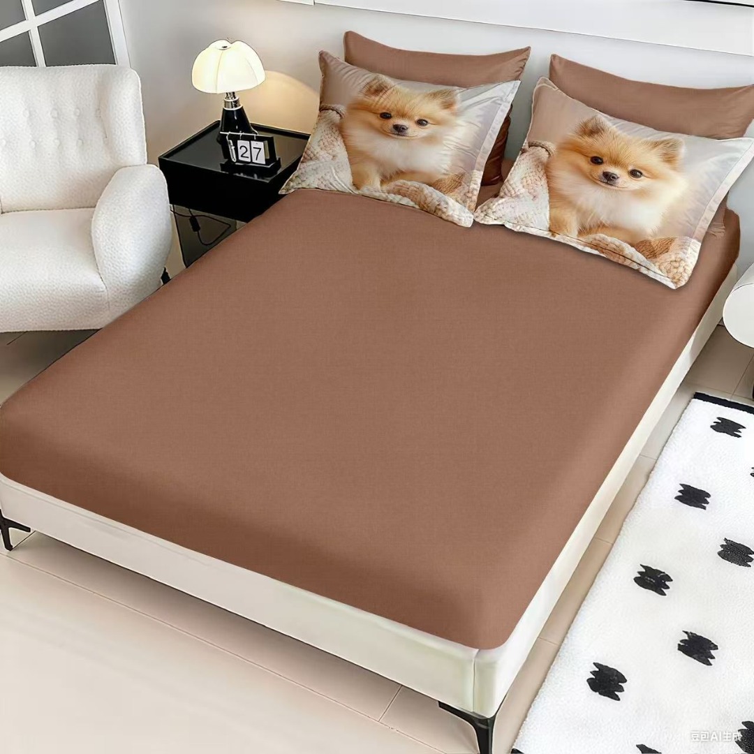 Lenjerie pat dublu, FINET, Imprimeu Digital 5D - Identic cu poza, Cu ELASTIC, 6 piese, Pucioasa, Crem, pomeranian - imagine 4