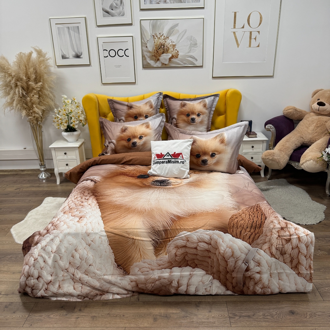Lenjerie pat dublu, FINET, Imprimeu Digital 5D - Identic cu poza, Cu ELASTIC, 6 piese, Pucioasa, Crem, pomeranian - imagine 5