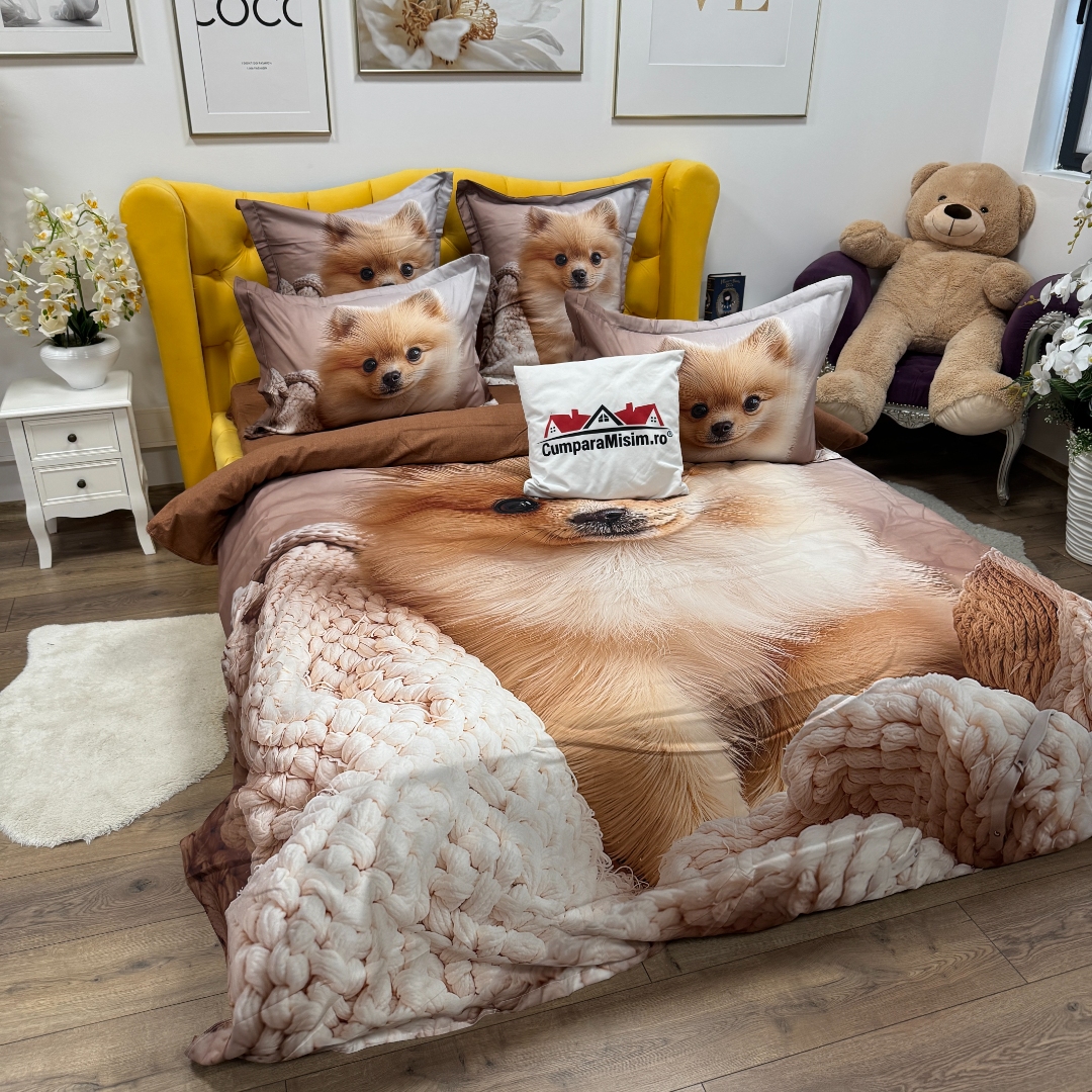 Lenjerie pat dublu, FINET, Imprimeu Digital 5D - Identic cu poza, Cu ELASTIC, 6 piese, Pucioasa, Crem, pomeranian - imagine 6