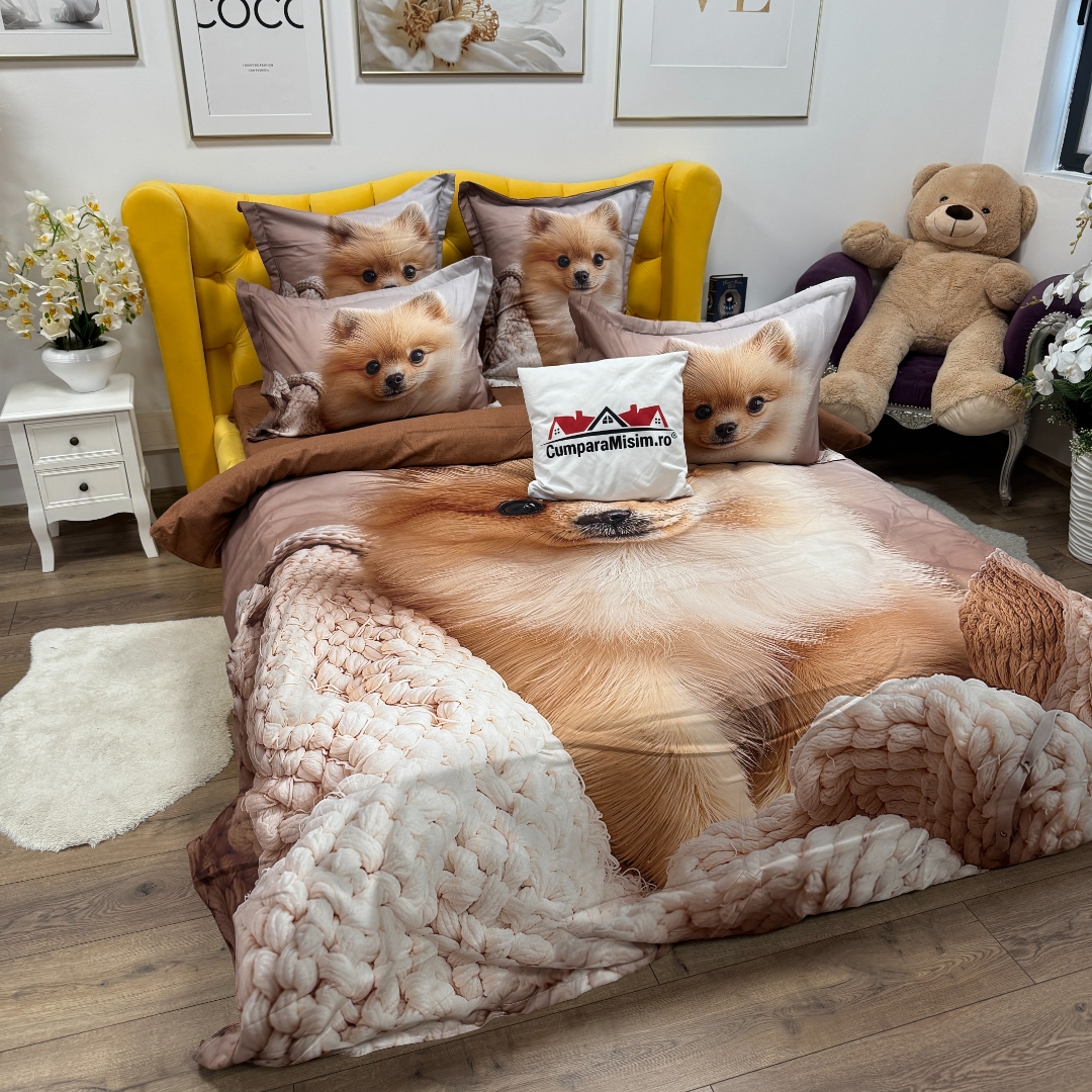 Lenjerie pat dublu, FINET, Imprimeu Digital 5D - Identic cu poza, Cu ELASTIC, 6 piese, Pucioasa, Crem, pomeranian - imagine 7