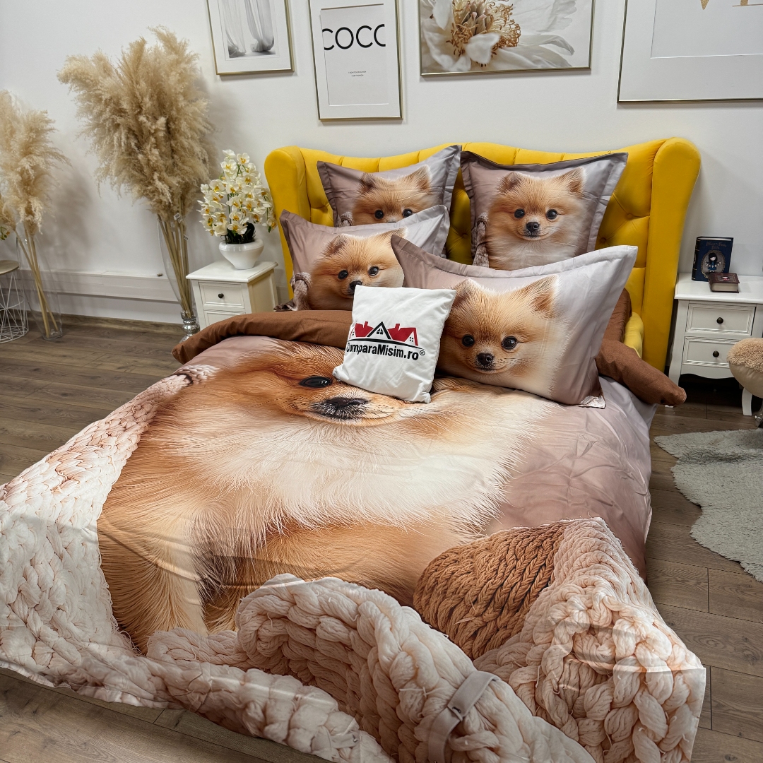 Lenjerie pat dublu, FINET, Imprimeu Digital 5D - Identic cu poza, Cu ELASTIC, 6 piese, Pucioasa, Crem, pomeranian - imagine 8