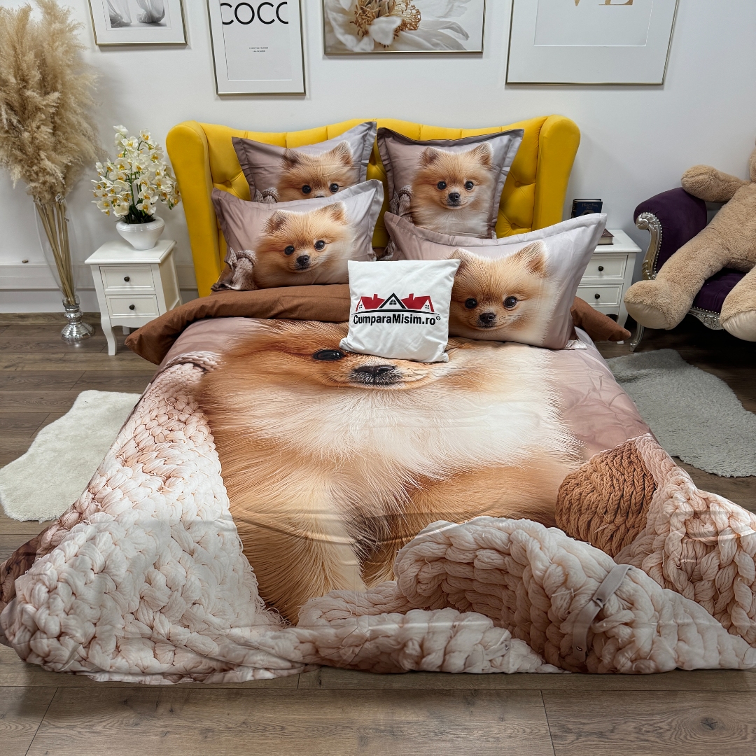 Lenjerie pat dublu, FINET, Imprimeu Digital 5D - Identic cu poza, Cu ELASTIC, 6 piese, Pucioasa, Crem, pomeranian - imagine 12