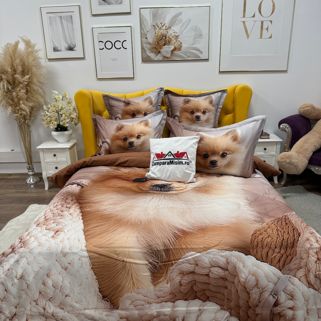 Lenjerie pat dublu, FINET, Imprimeu Digital 5D - Identic cu poza, Cu ELASTIC, 6 piese, Pucioasa, Crem, pomeranian - imagine 13