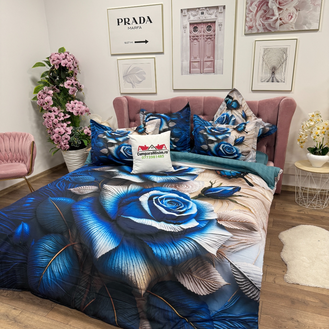 Lenjerie pat dublu, FINET, Imprimeu Digital 5D - Identic cu poza, Cu ELASTIC, 6 piese, Pucioasa, Albastru, trandafiri - imagine 7