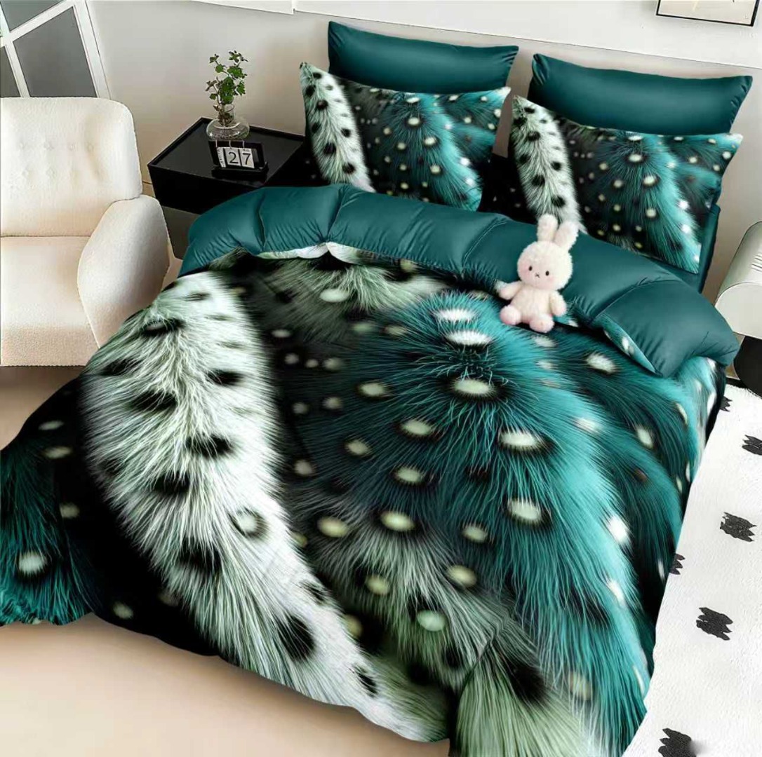 Lenjerie pat dublu, FINET, Imprimeu Digital 5D - Identic cu poza, Cu ELASTIC, 6 piese, Pucioasa, Verde, abstract elegant - imagine 2