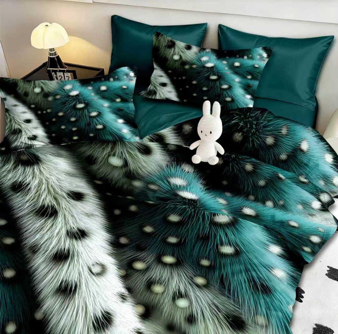 Lenjerie pat dublu, FINET, Imprimeu Digital 5D - Identic cu poza, Cu ELASTIC, 6 piese, Pucioasa, Verde, abstract elegant - imagine 3
