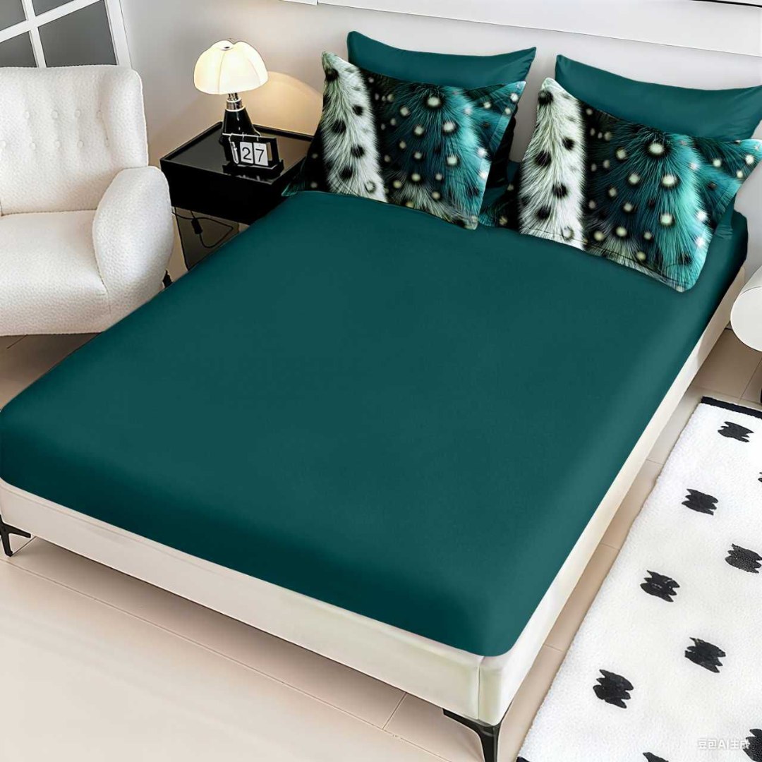 Lenjerie pat dublu, FINET, Imprimeu Digital 5D - Identic cu poza, Cu ELASTIC, 6 piese, Pucioasa, Verde, abstract elegant - imagine 4