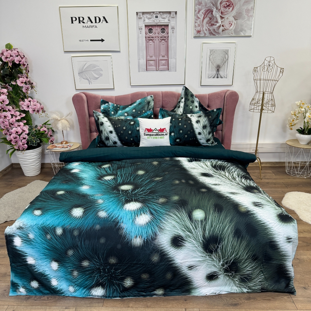 Lenjerie pat dublu, FINET, Imprimeu Digital 5D - Identic cu poza, Cu ELASTIC, 6 piese, Pucioasa, Verde, abstract elegant - imagine 5