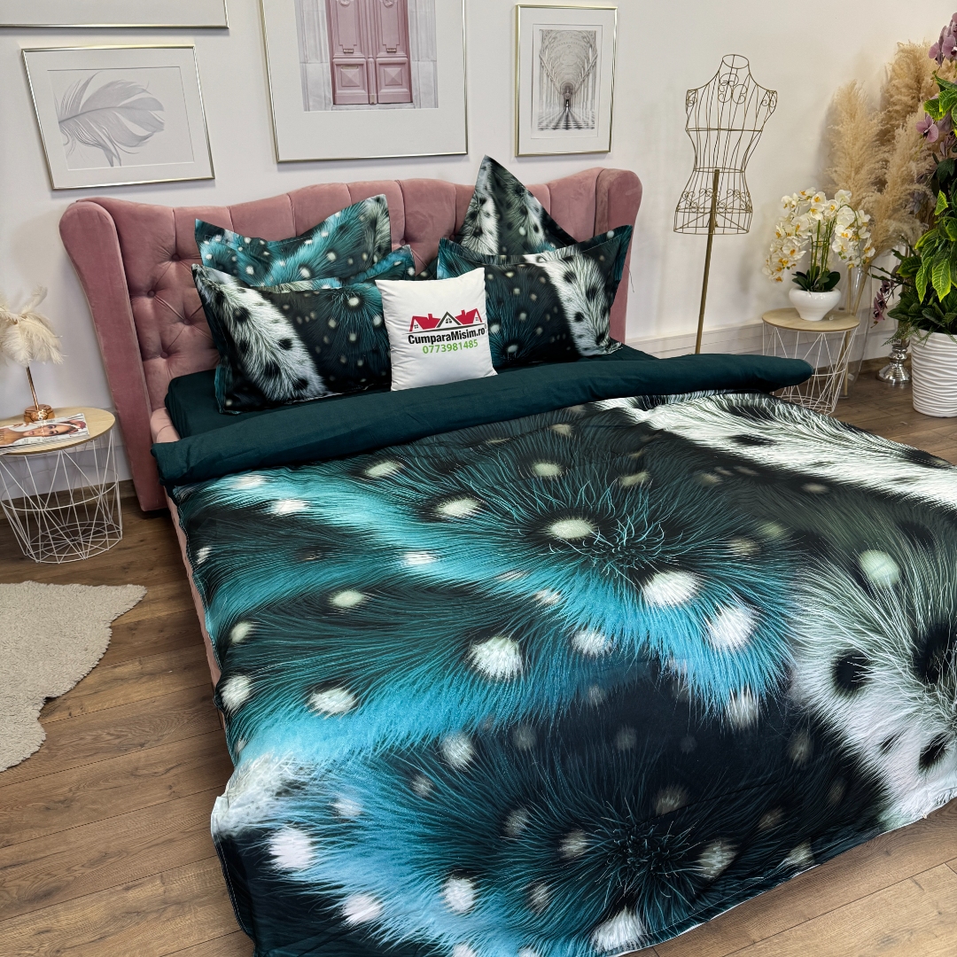 Lenjerie pat dublu, FINET, Imprimeu Digital 5D - Identic cu poza, Cu ELASTIC, 6 piese, Pucioasa, Verde, abstract elegant - imagine 7