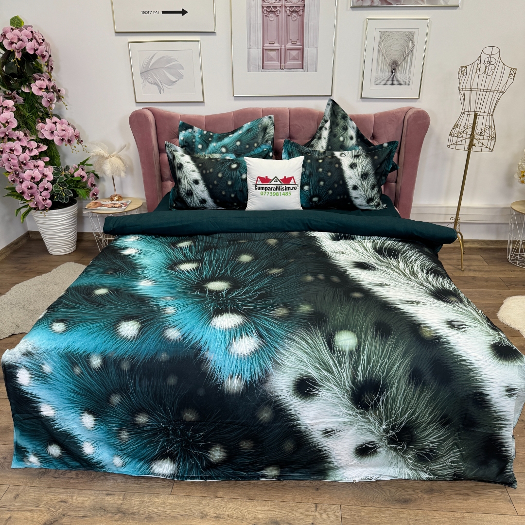Lenjerie pat dublu, FINET, Imprimeu Digital 5D - Identic cu poza, Cu ELASTIC, 6 piese, Pucioasa, Verde, abstract elegant - imagine 8