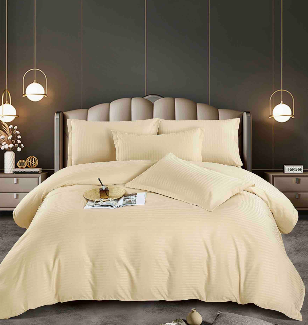 Lenjerie HoReCa, pat dublu, Damasc Finetat Deluxe cu Elastic, 6 piese, Jojo Home, Crem - imagine 2