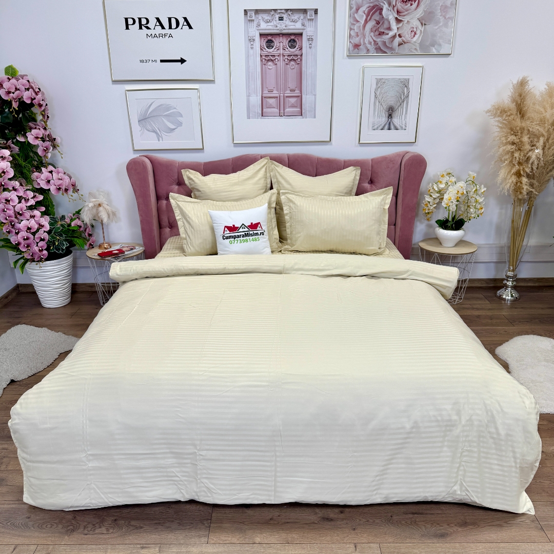 Lenjerie HoReCa, pat dublu, Damasc Finetat Deluxe cu Elastic, 6 piese, Jojo Home, Crem - imagine 4