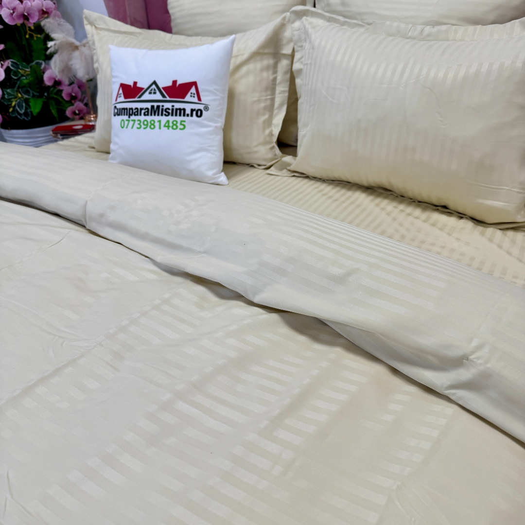 Lenjerie HoReCa, pat dublu, Damasc Finetat Deluxe cu Elastic, 6 piese, Jojo Home, Crem - imagine 8