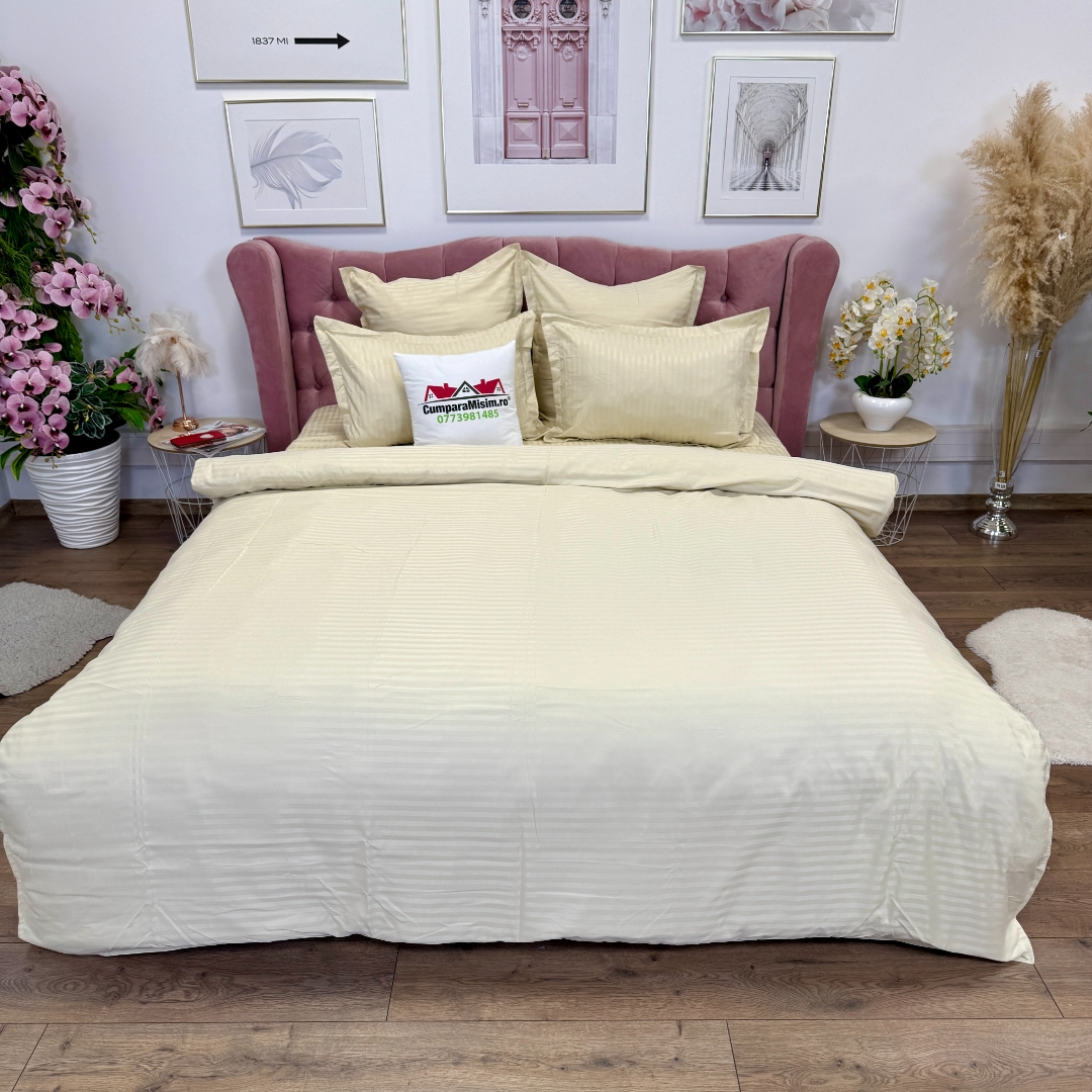 Lenjerie HoReCa, pat dublu, Damasc Finetat Deluxe cu Elastic, 6 piese, Jojo Home, Crem - imagine 10